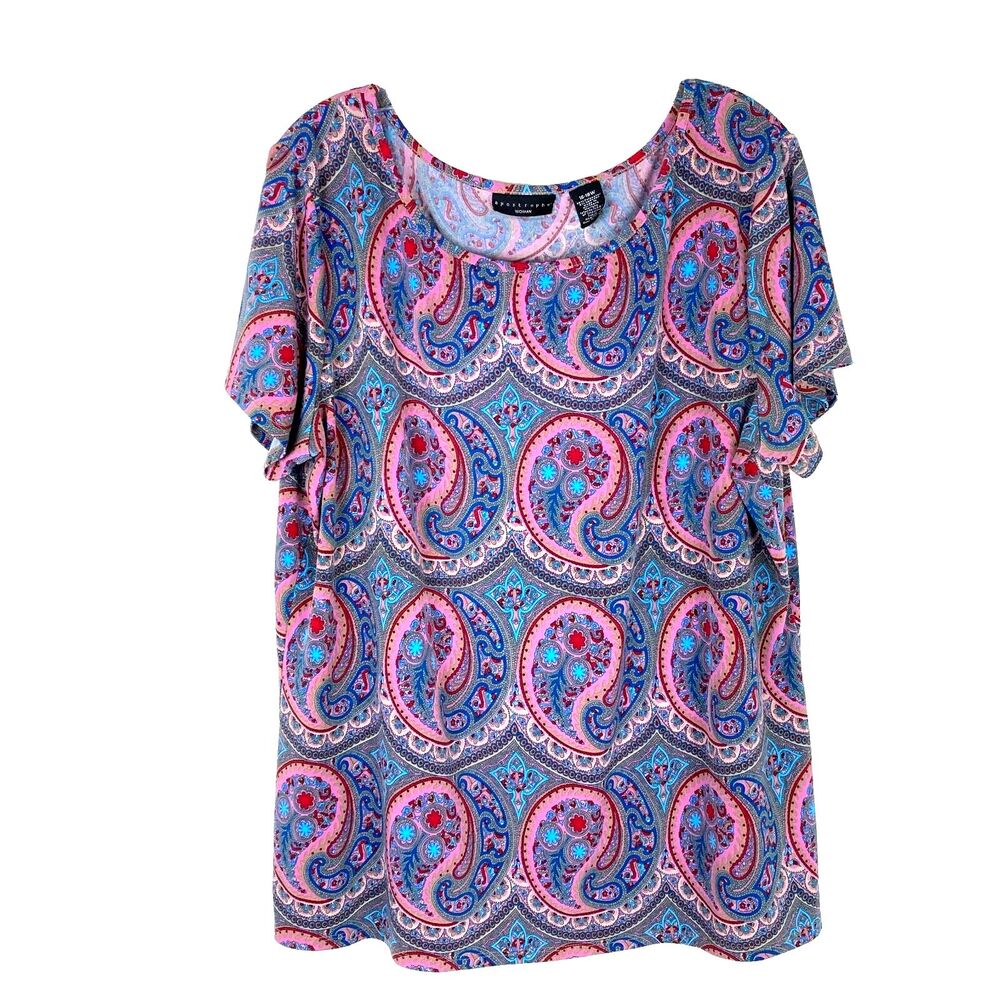 Apostrophe Woman Jersey Knit Top Size 16-18 Paisley Gray Pink Stretch